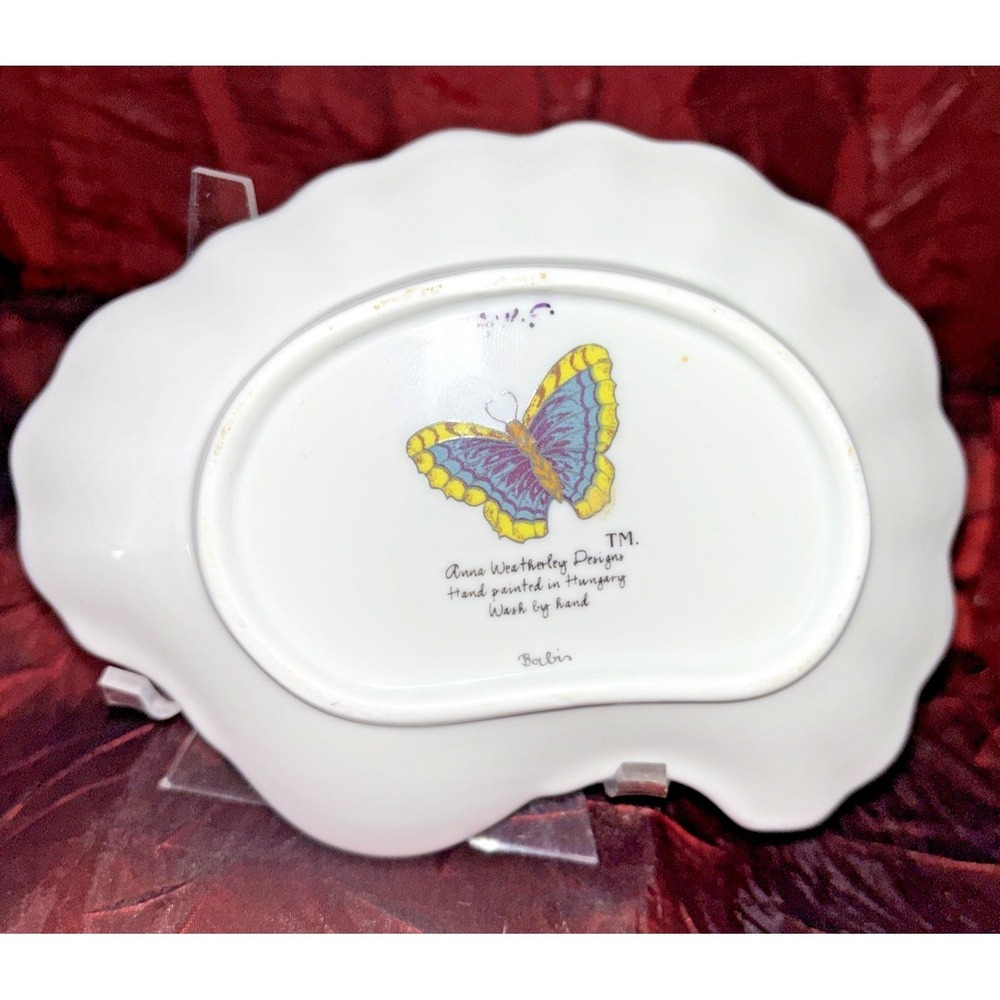 Anna Weatherley Handpainted Dragonfly Pansy Leaf Insect Accent Trinket Dish RARE - Picture 2 of 11